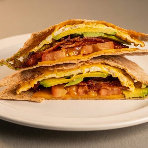 Two stacked breakfast quesadillas filled with scrambled eggs, bacon, avocado, tomatoes, and melted cheese.