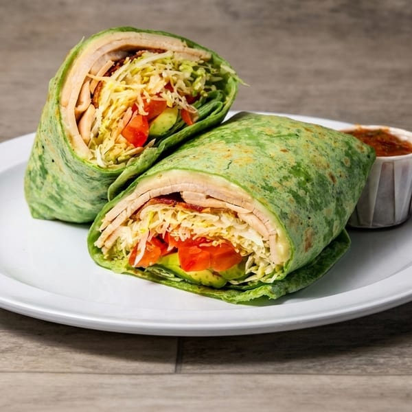 Two halves of a green tortilla wrap filled with turkey, bacon, lettuce, tomato, and avocado, with salsa.