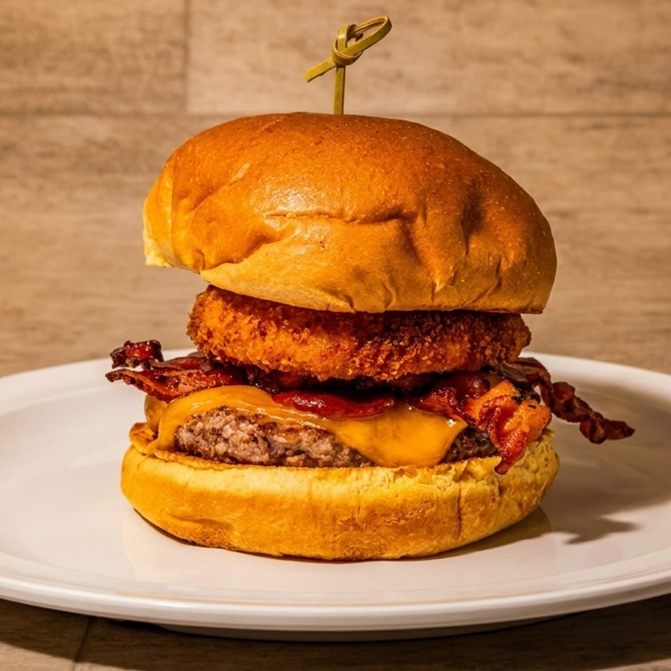 Gourmet burger with a beef patty, melted cheese, bacon, and an onion ring on a white plate.